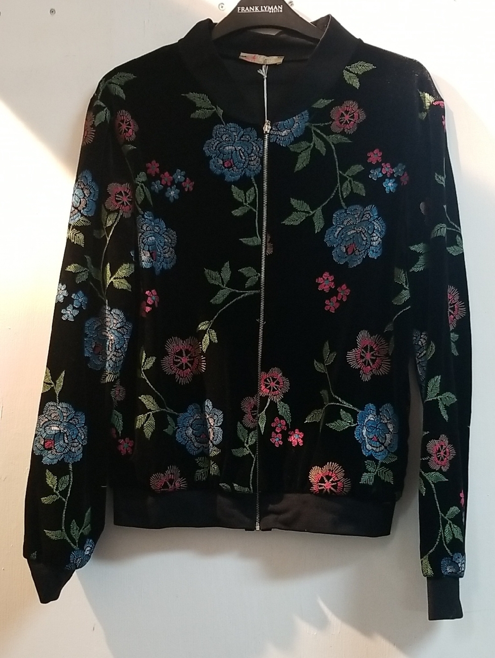 Floral Embroidered Black Bomber Jacket